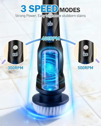 Electric Spin Scrubber, 3-Speed Cordless Shower Scrubber with 90° Adjustable & 10 Replaceable Brush Heads, 90 Mins Runtime & Full-Body IPX7 Waterproof Shower Cleaner Brush with Long Handle