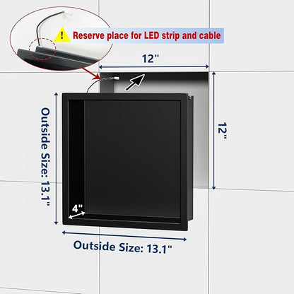 RGB LED Light Shower Niche, Matte Black 12X12 in Stainless Steel Recessed Storage with Remote Control, Waterproof No Tile Needed Wall Niche for Bathroom Storage Built-in Installation
