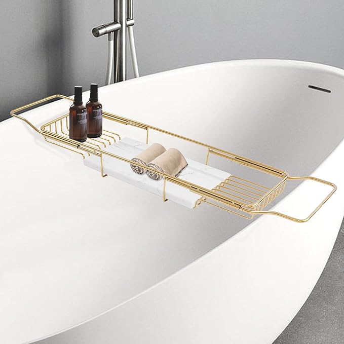 Bath Tub Tray Expandable Bathtub Tray 26.77-35.43 in, Bathtub Trays with Marble Board Bath Trays for Tub Luxury Bathtubs & Bathroom Accessories for Relaxing Spa,Suitable for Bathtubs Gold
