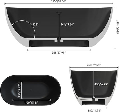 59'' Resin Stone Freestanding Bathtub, Matte Black Soaking Tub Solid Surface Modern Tubs with Overflow and Pop-up Drain in