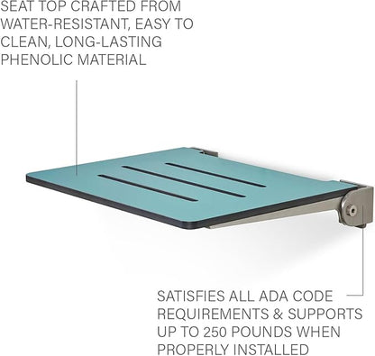 18 inch Silhouette Slimline Folding Wall Mount Shower Bench Seat, Teal Seat with Silver Frame