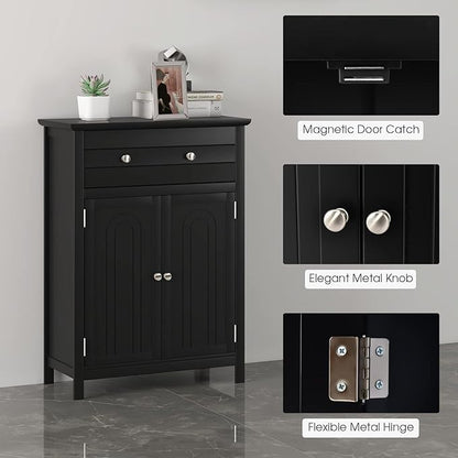 LOKO Bathroom Floor Cabinet, Kitchen Storage Cabinet with 1 Drawer, 2 Doors & 3-Position Adjustable Shelf, 2-Door Floor Storage Cabinet for Bathroom, Living Room, Entryway (Black)