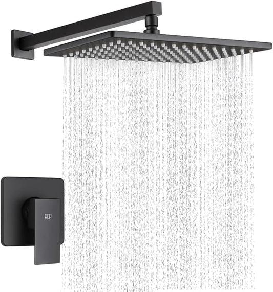 POP SANITARYWARE Matte Black Shower Faucet Set, Bathroom Rainfall Shower System with Stainless Steel Metal Showerhead, Single Function Shower Trim Kit with Rough-in Valve