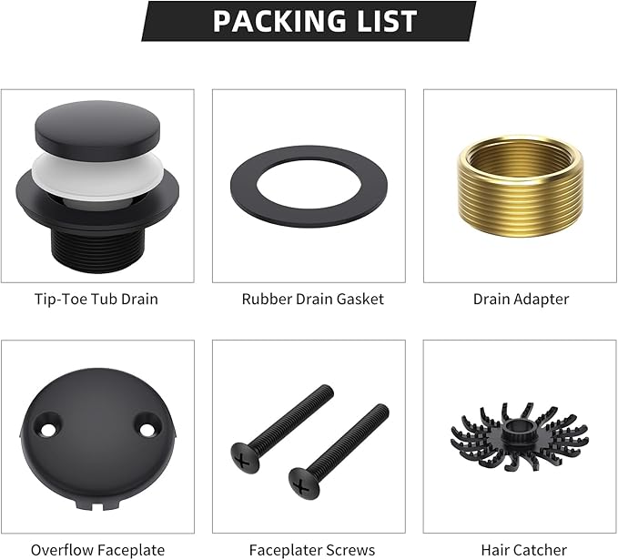 Matte Black Tub Drain Kit, Tip-Toe Bathtub Drains and Overflow Trim Set with 2-Hole Overflow Faceplate, Bathroom Bath Tub Drain Stopper Replacement Kit with Hair Catcher, Tub Faucet Set