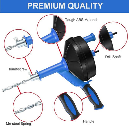 Drain Auger, Clog Remover with Drill Adapter, 25 Feet Flexible Plumbing Snake Use Manually or Powered for Kitchen, Bathroom and Shower Sink, Comes with Gloves (blue)