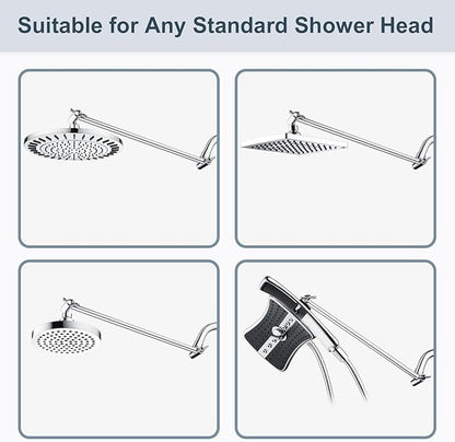 BRIGHT SHOWERS 15 Inch Extra Long Shower Head Extension Arm, Solid Brass Shower Arm Extender with Locking Screw for Rain and Handheld Showerhead, Height & Angle Adjustable, Chrome