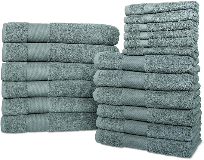 Hencely 18-Piece Bath Towel Set - High Absorbency, Quick Drying - 100% Soft Turkish Cotton - 6 Bath Towels, 6 Hand Towels, 6 Washcloths - for Bathroom, Home, Hotel, Spa, and Gym - 18-Pack Dark Green