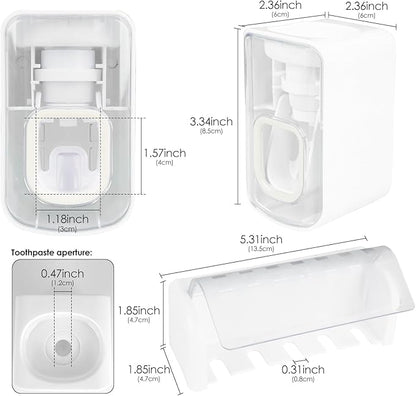 5 Slots Wall Mount Toothbrush Holder with Cover, Self Adhesive Toothbrush Storage Organizer for Shower, Toothbrush Hanger with Automatic Toothpaste Squeezer Dispenser