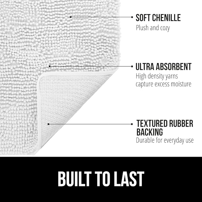 GORILLA GRIP Bath Rug Mat, Thick Soft Absorbent Chenille, Quick Dry Microfiber Mats, Rubber Backing Washable Shower Floor Rugs, Bathmat Runner, US Designed Bathroom Home Decor Accessories 24x17, White