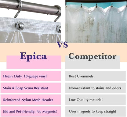 Epica Shower Curtain – Strongest Heavy-Duty Clear Vinyl 72x72 Shower Curtain Liner – Stain & Soap Scum Resistant with Rust-Proof Metal Grommets (Frosted)