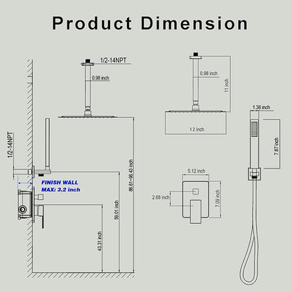 Ceiling Mount Shower System, Black Shower Faucet Set with 12-Inch Rain Showerhead and Handheld Spray Combo, High-Pressure Showerheads Set with Valve and Trim Kit, Matte Black