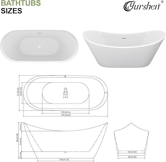 67" Freestanding Acrylic Bathtub – White Double Slipper Soaking Tub with Chrome Drain & Overflow, Glossy Finish for Modern Bathrooms #YSB9211
