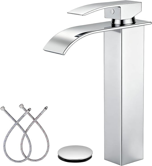 LIFG Chrome Vessel Sink Faucet, Tall Waterfall Bathroom Faucet, Single Handle One Hole Mixer Bowl Tap with Large Rectangular Spout, Bar Sink Faucet Lavatory Vanity