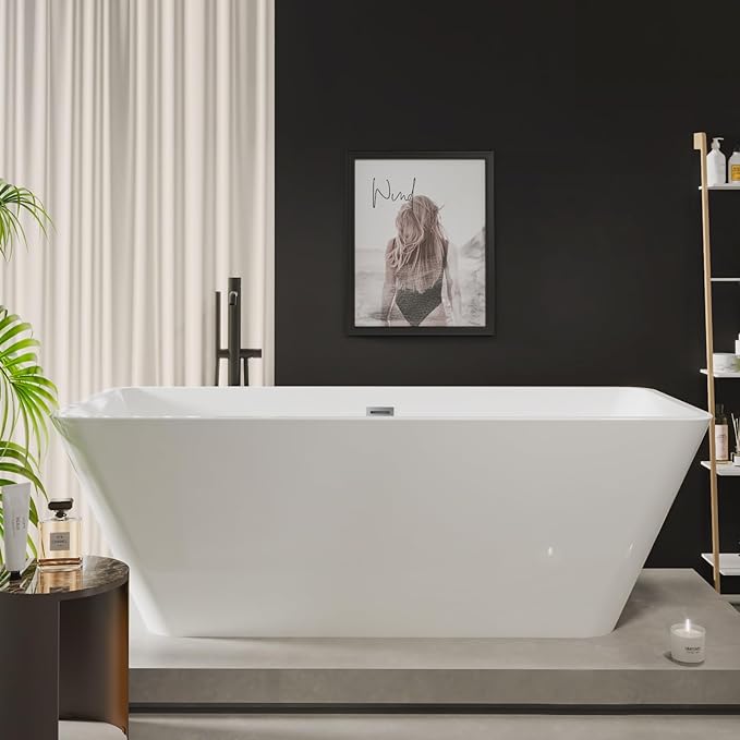 59 Inch Acrylic Freestanding Bathtub – Ergonomic Soaking Tub with Contoured Design, Integrated Overflow & Drain Kit, Lightweight Glossy White Tub for Bathroom Remodel