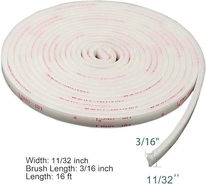 TORRAMI Door Brush Sweep Seal Tape 11/32 inch x 3/16 inch x 16 ft, Brush Door Seals for Sliding Doors Keep Bugs Out Upgraded Package Design No Twist, White