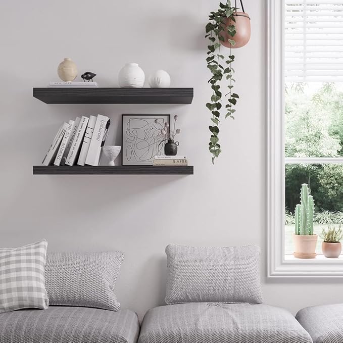 Floating Shelf, Set of 3 Wall Shelf, 36 in W x 12.75 in D x 2 in H Wooden Floating Wall Shelf with Invisible Brackets for Living Room/Bedroom/Bathroom/Kitchen Storage and Decor, Black Wood