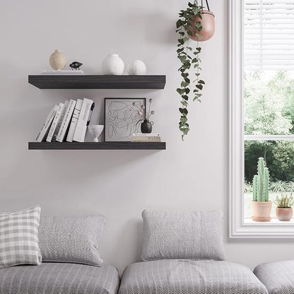 Floating Shelf, Set of 3 Wall Shelf, 36 in W x 12.75 in D x 2 in H Wooden Floating Wall Shelf with Invisible Brackets for Living Room/Bedroom/Bathroom/Kitchen Storage and Decor, Black Wood