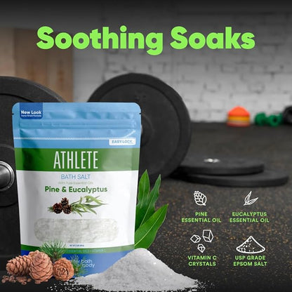 Athlete Bath Salt 32 Ounces Epsom Salt with Natural Lavender, Pine, Peppermint and Eucalyptus Essential Oils Plus Vitamin C in BPA Free Pouch with Easy Press-Lock Seal
