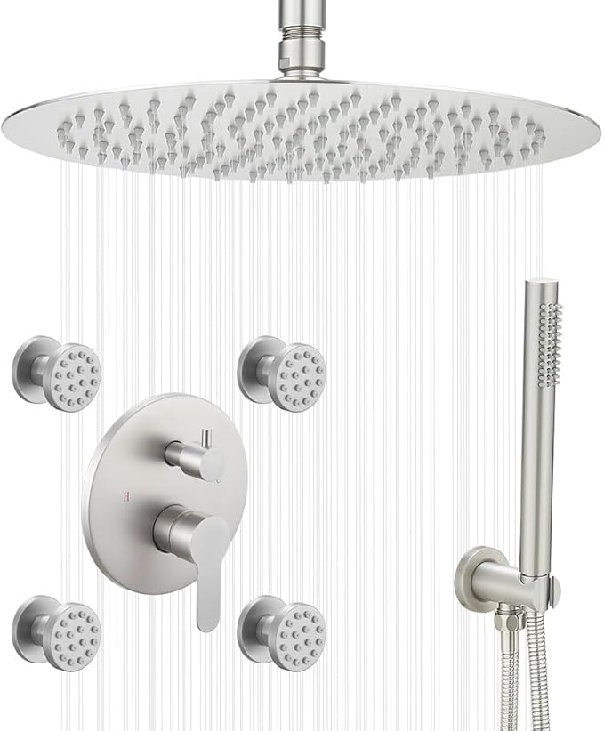Brushed Nickel Round Shower Faucet Set with Body Jets 16 Inch Shower Head Handheld Shower Combo Set High Pressure Ceiling Mount with Rough-in Valve