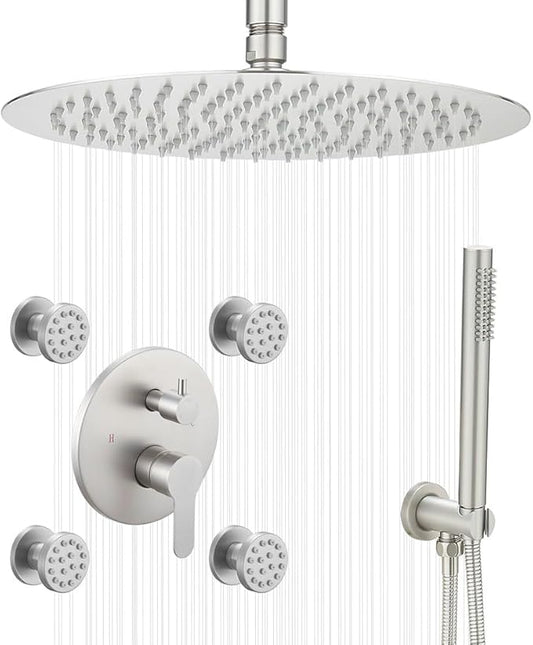 Brushed Nickel Round Shower Faucet Set with Body Jets 16 Inch Shower Head Handheld Shower Combo Set High Pressure Ceiling Mount with Rough-in Valve