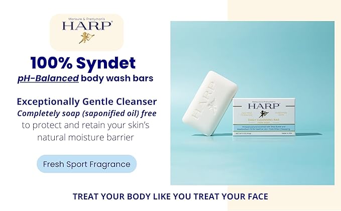 HARP pH-Balanced (5.0-6.0) Body Wash Bar. ZERO saponified oils. Protects Moisture Barrier. Gentle for Sensitive/Dry skin. + Shea Butter/Borage Oil. Non-Comedogenic. FRESH SPORT Fragrance.