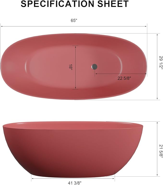 GIVINGTREE 65'' Freestanding Solid Surface Resin Stone Bathtub, Contemporary Design Stand Alone Tub with Pop-up Drain and Overflow, cUPC Certified, Pink (Oval)