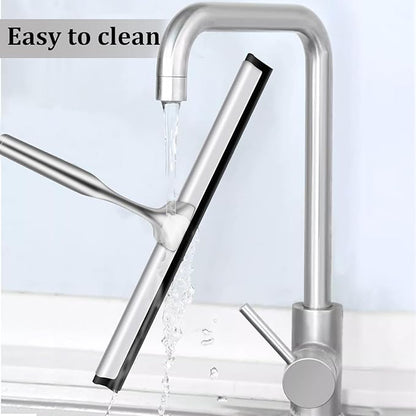 10-Inch Shower Squeegee for Glass Doors, Stainless Steel Shower Squeegee with Shower Door Hook & Adhesive Hook, Multi-Purpose Bathroom Squeegee for Glass, Door, Mirror and Window (Silver)