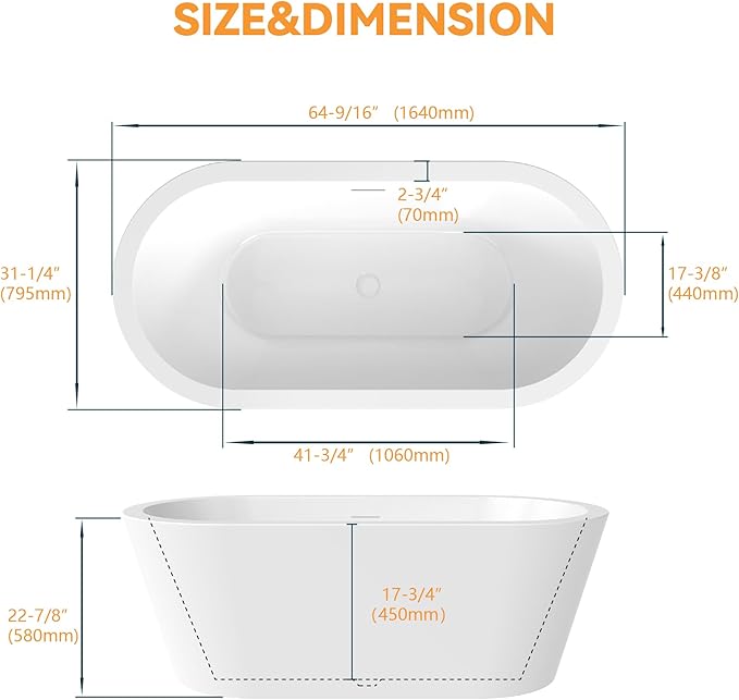 64" Acrylic Freestanding Bathtubs, Stand Alone Tub, Soaking Tubs for Bathroom, Integrated Overflow and Drain, cUPC Certified, Gloss White