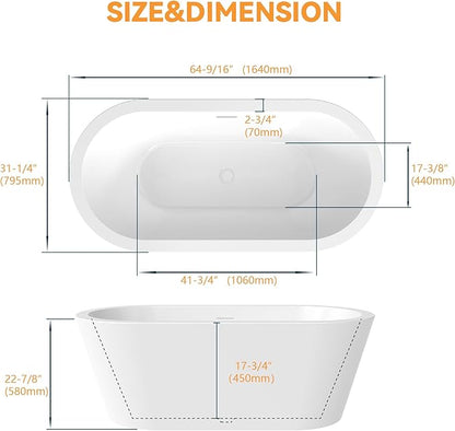 64" Acrylic Freestanding Bathtubs, Stand Alone Tub, Soaking Tubs for Bathroom, Integrated Overflow and Drain, cUPC Certified, Gloss White