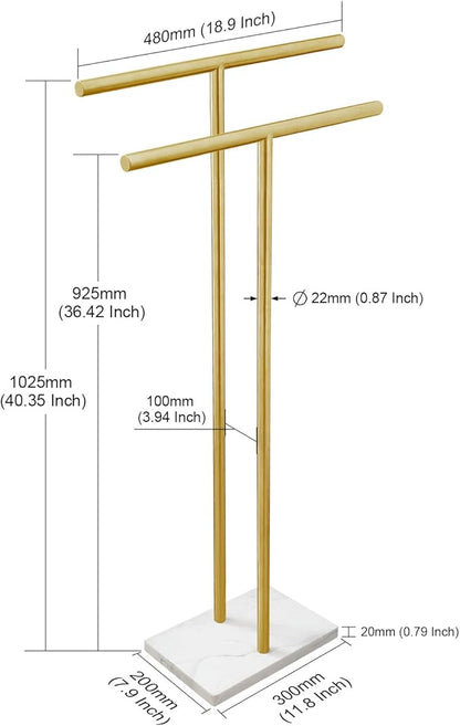 40 Inch Standing Towel Rack for Bathroom Floor Double-T Shape Bath Sheet Holder with Marble Design Base Towel Rack Freestanding Next to Tub or Shower Towel Holder Stand SUS304 Brushed Gold