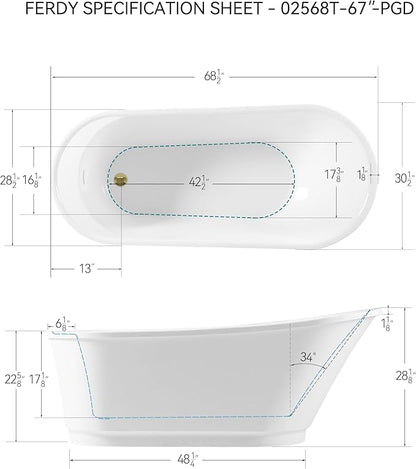 FerdY Langkawi 67" Acrylic Freestanding Bathtub, White Modern Stand Alone Soaking Bathtub, cUPC Certified, Polished Gold Drain and Minimalist Linear Design Overflow Included, Easy to Install, 02568T