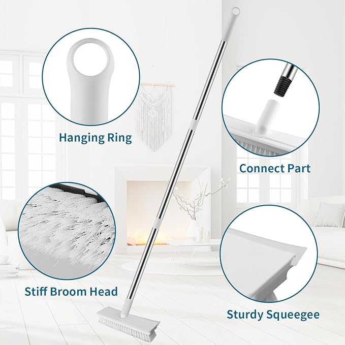 Floor Scrub Brush with Long Handle, 2 in 1 Scrape Brush Stiff Bristle Floor Scrubber for Cleaning Shower Bathroom Garage Kitchen Wall Deck Tub Tile (White, 1 Pack)