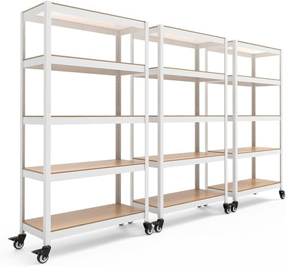 HOMEDANT House 5-Tier Metal Rolling Cart Shelf Rack Casters Heavy Duty Laminated Wheel Shelving Unit Adjustable Utility Storage Shelves Organizer Shelf Kitchen Garage (3, (M) 36.2" W, White)