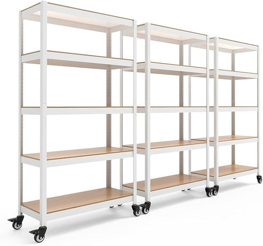 HOMEDANT House 5-Tier Metal Rolling Cart Shelf Rack Casters Heavy Duty Laminated Wheel Shelving Unit Adjustable Utility Storage Shelves Organizer Shelf Kitchen Garage (3, (M) 36.2" W, White)