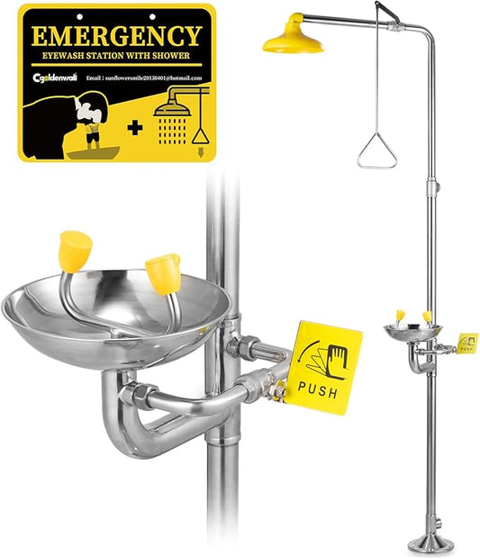CGOLDENWALL Emergency Shower Eye Wash Station Safety Shower Station Eyewash Station, 304 Stainless Steel, NPT Threads, with Emergency Sign
