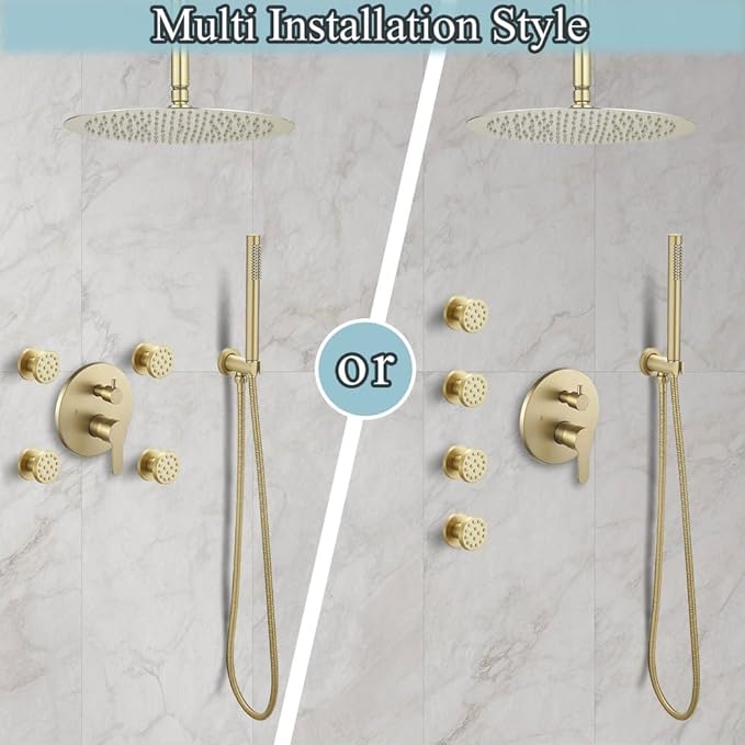 Brushed Gold Round Shower Faucet Set with Body Jets 10 Inch Shower Head Handheld Shower Combo Set High Pressure Ceiling Mount with Rough-in Valve
