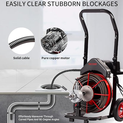 100FT x 1/2 inch Electric Drain Washer, Sewer Spiral Automatic Feed Portable Sewer Snake, Automatic Feed Drain Snake Drill on Wheels with 5 Knives and Air Activated Foot Switch for 4 "to 8" Pipe