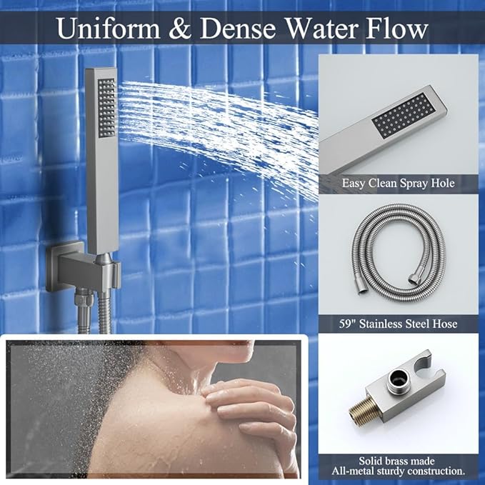 Shower Faucet Set Brushed Nickel Shower System, Knob Switch Diverter Shower Faucet with High Pressure Handheld Spray, Ceiling Mount 12 Inch Shower Head with 6 Inch Wall Mount Shower Head