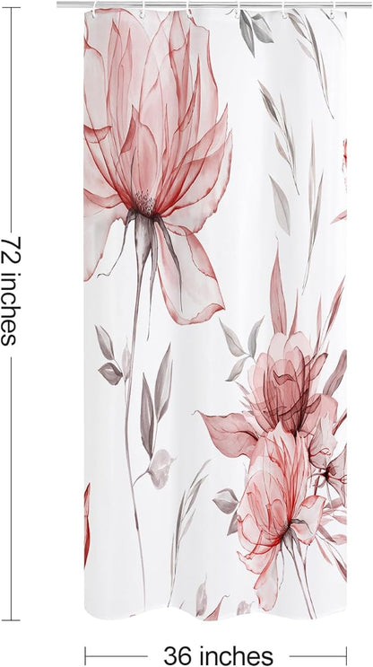 Small Stall Boho Watercolor Floral Shower Curtain 36 x 72, Red and Grey Ink Painting Style Flower Shower Curtains for Chic Elegant Bathroom, Artistic Narrow Half Size Shower Curtain