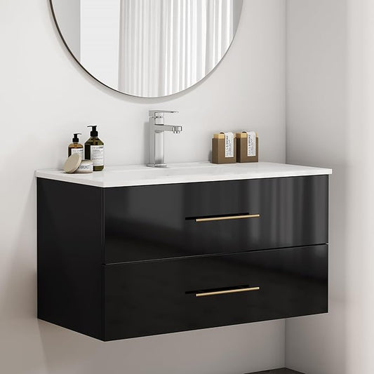 36" Wall Mounted Bathroom Vanity with Sink, High Gloss Black Floating Cabinet, Modern Gold Handles, 2 Soft Close Drawers, Integrated Ceramic Top for Powder Room