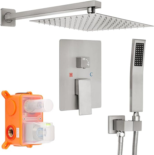 Brushed Nickel Square Shower Head with Handheld Set, Rainfall Shower System Modern Wall Mounted Shower Faucet for Bathroom 12 inch (With Shower Valve)