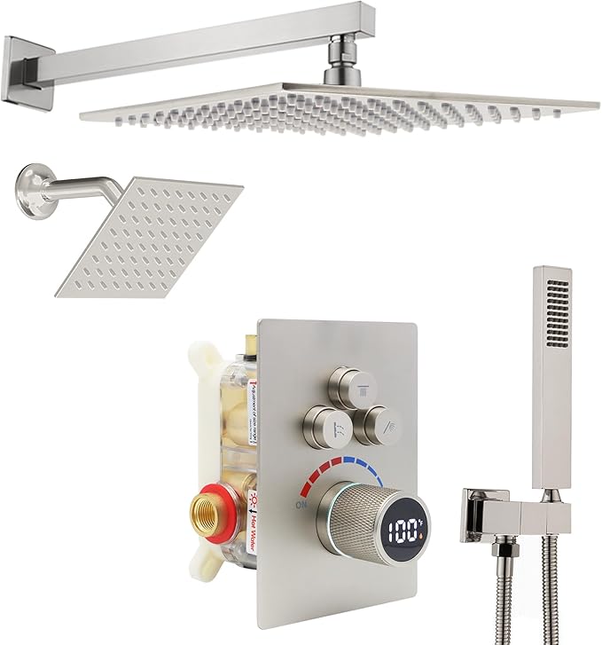 Digital Display Dual Head Shower system Rain Shower System Shower Wall Mount 10 Inch Ceiling Shower Head with 6 Inch Shower Head with shower handheld(Brushed Nickel)