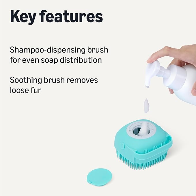 Amazon Basics Dog Bath Brush with Shampoo Dispenser and Fast Dry Towel, 3-Pack, Blue and Orange