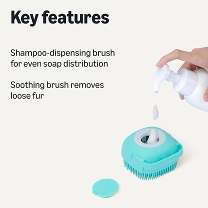 Amazon Basics Dog Bath Brush with Shampoo Dispenser and Fast Dry Towel, 3-Pack, Blue and Orange