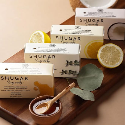 Shugar Soapworks Oatmeal & Lemon Verbena 5 oz Beauty Bar Soap 8-Pack | Plant-Based Vegan Formula | Sulfate & Paraben Free | Gentle Exfoliating Cleanser with Finely Ground Oatmeal Flakes