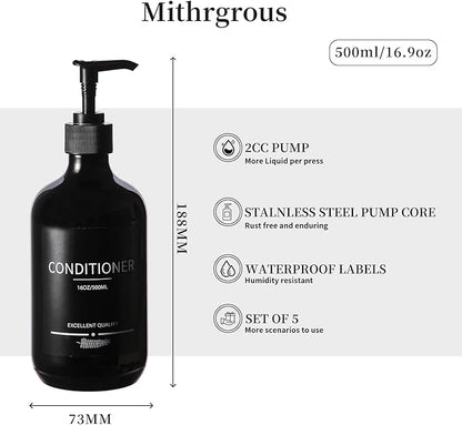 (5Pack) Black Shower Bottles Refillable with Labels, 16.9oz Reusable Shampoo and Conditioner Bottles,Shampoo Dispenser Bottles