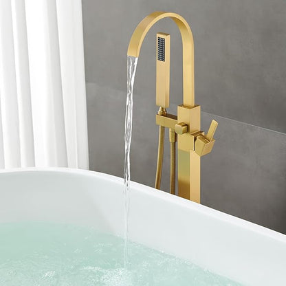 Freestanding Bathtub Faucet Floor Mount Tub Filler Brushed Gold Brass Bathroom Faucets Single Handle with Hand Shower