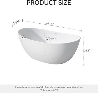 65" Premium Solid Surface Freestanding Bathtub, Contemporary Design Stand Alone Stone Resin Tub with Overflow and Pop-up Drain, Matte White