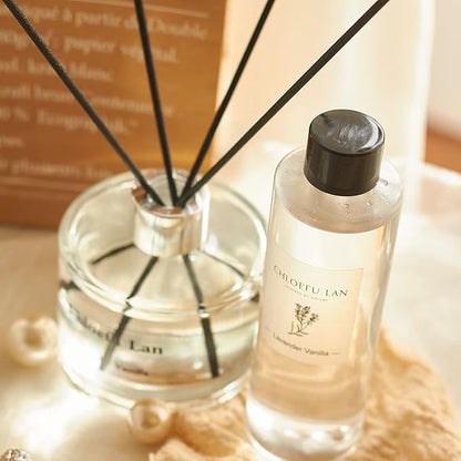 Chloefu LAN Lavender Reéd Diffuser Refill 200ml/6.76 fl oz Natural Essential Lavender Scented Oil - Best for Aromatherapy, SPA and Home, 0% Alcohol, Fresh & Long Lasting, Free Set of Diffuser Sticks
