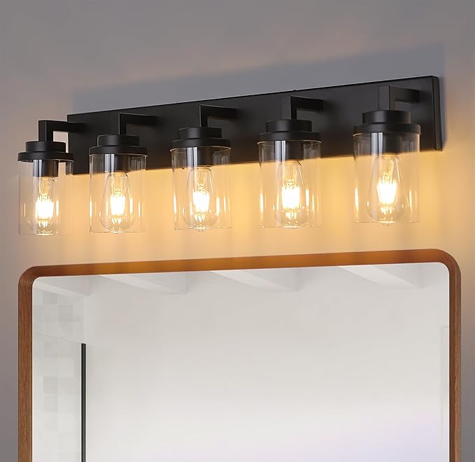 MELUCEE 5-Light Black Bathroom Light Fixtures with Clear Glass Shade, Black Vanity Lights Industrial Wall Mount Light for Bathroom Mirror, Powder Room Bedroom